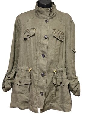 INC Olive Utility Jacket - Lightweight Drawstring Field Coat. SZ L